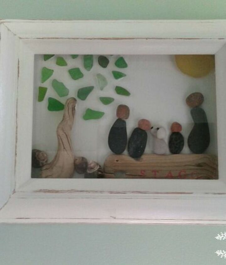 Family of Six Black Frame Handmade Pebble Art Picture